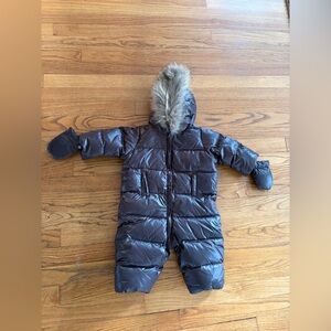 Bonpoint Chocolate Puffer Snow Suit with Faux Fur Trim and attached mittens